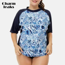 Charmleaks Women Short Sleeve Rashguard Retro Floral Print Swimsuit Shirt Womens Plus Size Swimwear UPF50+ Rash Guard Beach Wear plus size short sleeve floral pattern swimwear for women