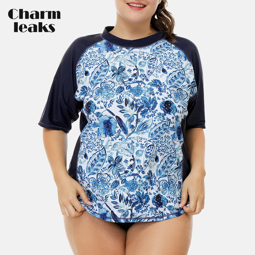 Charmleaks Women Short Sleeve Rashguard Retro Floral Print Swimsuit
