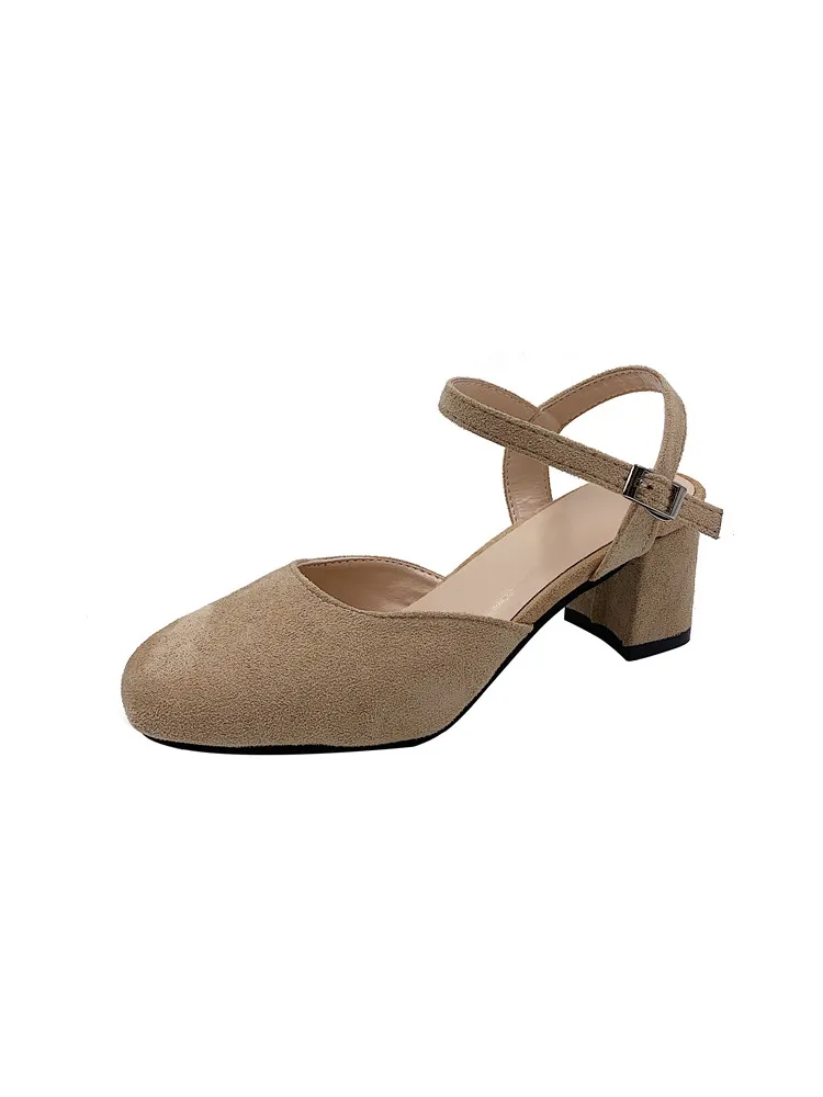 

Spring new square head thick with grandmother shoes small fresh high heels retro word buckle suede no heel women's shoes