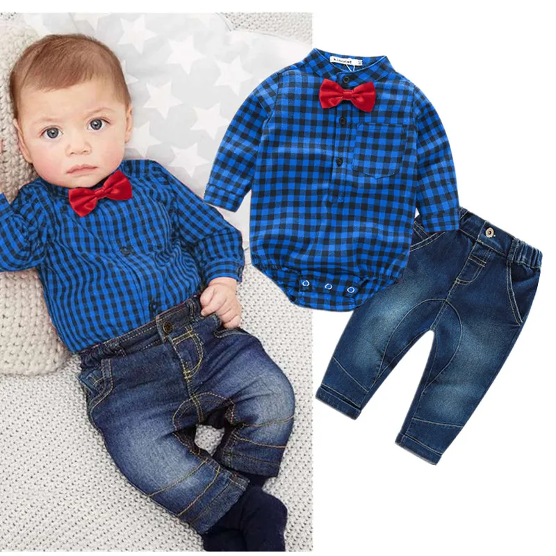 [Lucky& Lucky]/комплект одежды для маленьких мальчиков, комбинезон в клетку с галстуком-бабочкой+ джинсовые штаны модная одежда для маленьких мальчиков Одежда для новорожденных