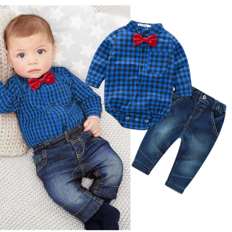 [Lucky& Lucky] baby boys clothing set plaid rompers with bowtie + demin pants fashion baby boy clothes newborn baby clothes