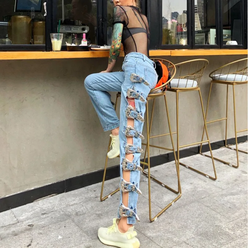 

LANMREM 2019 Summer New High Quality Hole Hollowing Out Metal Buckle Openwork Jeans Sexy Straight Women Trousers QJ459