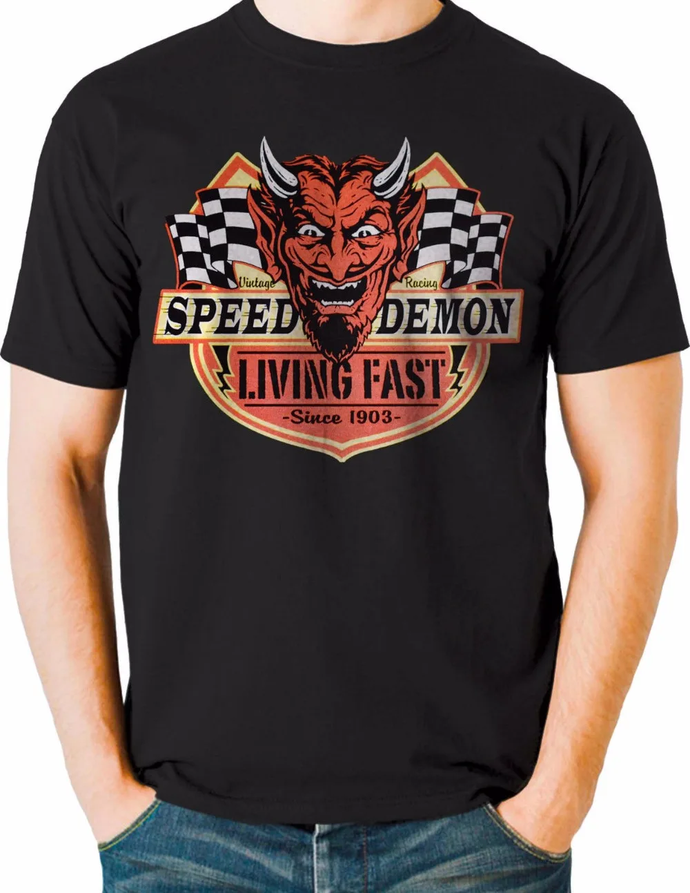 

2018 Summer T Shirt Custom Any Logo T-Shirt Rockabilly Speed Demon Living Fast Devil Face Retro Hot Rod Us Carblack Tee Shirt