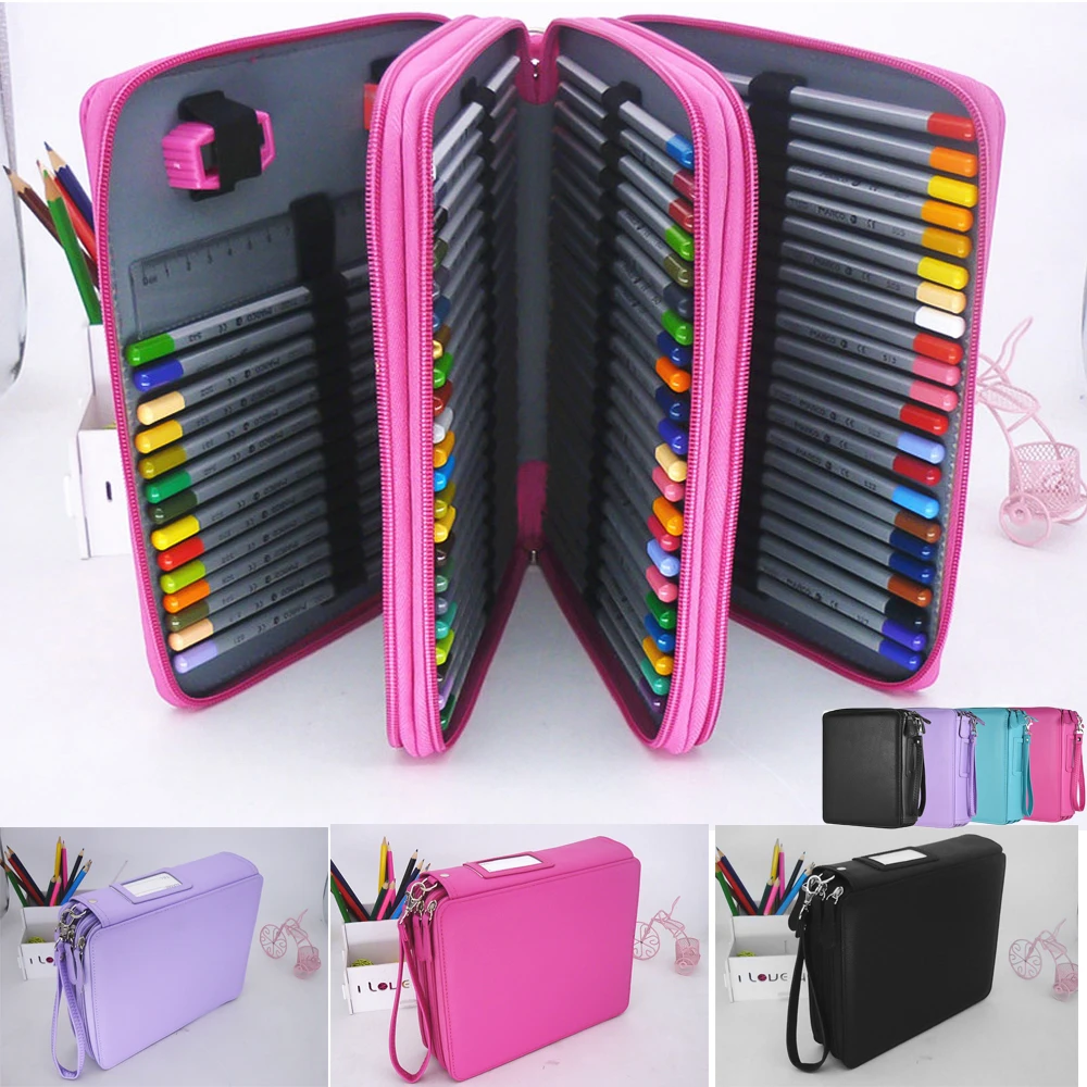 

72/124 Slots Color Pencil Case Colored Pencil Holder Pen Bag Pouch Pu Leather Zippered Portable for Artists Students drawer 2018