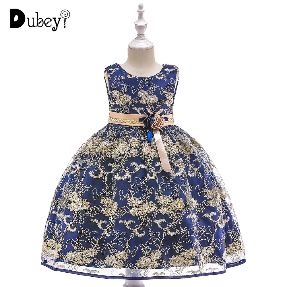 

New Baby Girl Gold Thread Embroidery Wedding Birthday Ceremonie Princess Dress Bow Belt Vintage Flower Girl Dresses