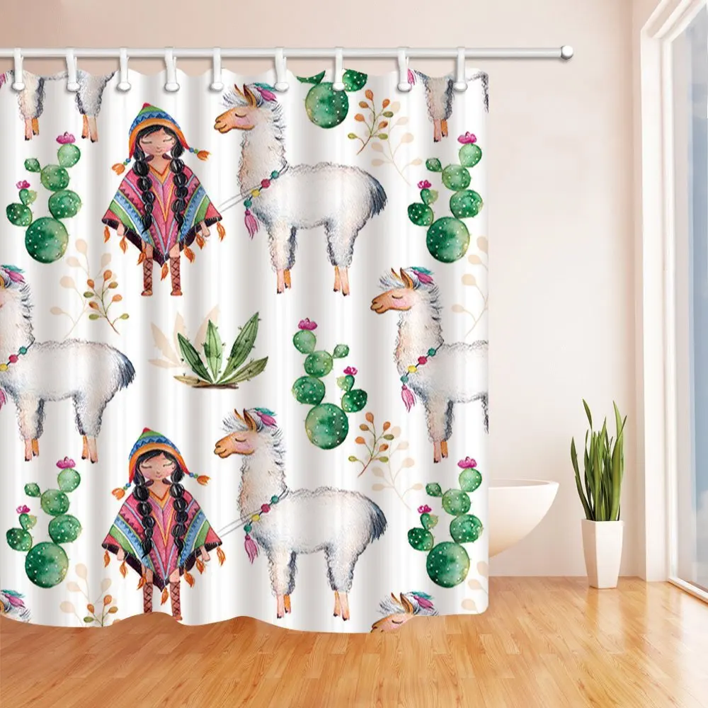 Watercolor Cactus Decor, Cute American Indian Girl With Her Friend Lama,  Mildew Resistant Polyester Fabric Shower Curtains - AliExpress Home  Garden