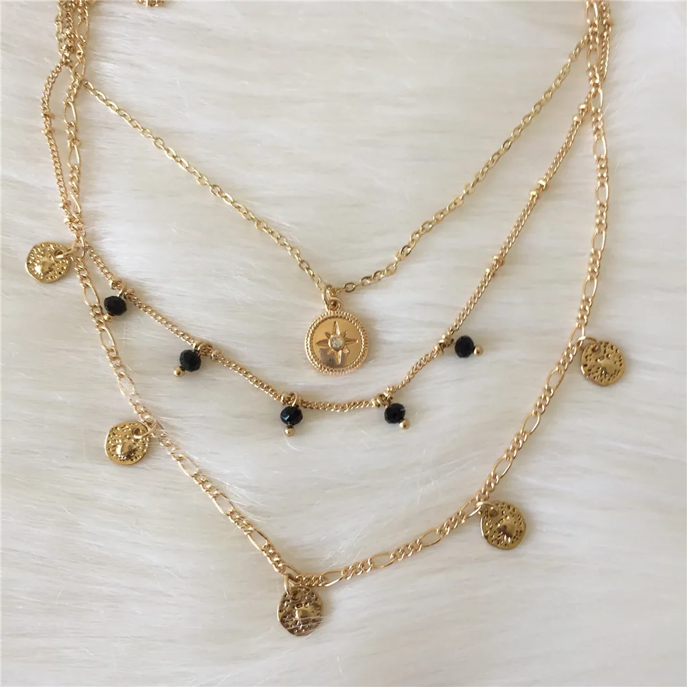

BOHEMIA GOLD COLOR PLATING ROUND DISC PENDANT CHARM LAYERED NECKLACE FOR WOMEN
