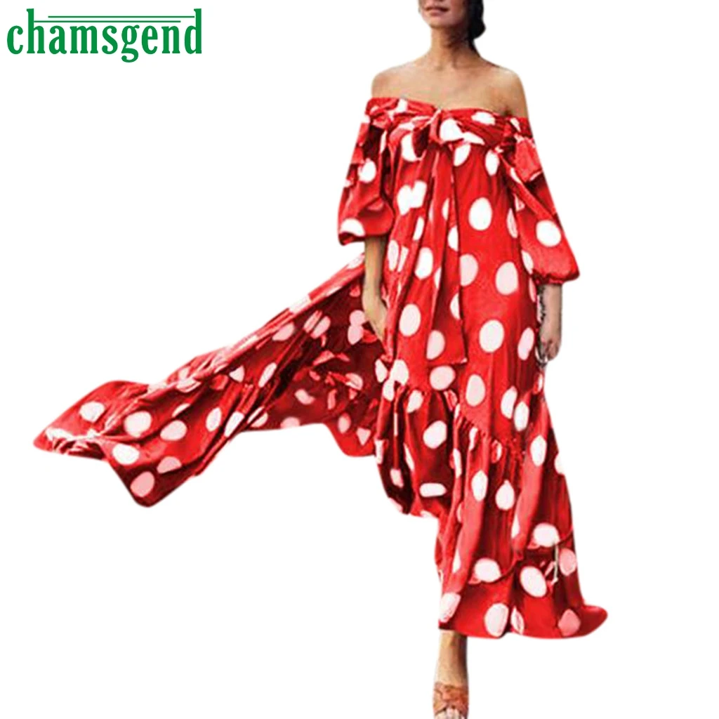 

Chamsgend summer Dress Women Street Style Polka Dot Printed Dress Off Shoulder Strapless Ruffle Bow Maxi Length Dress Vestido #4