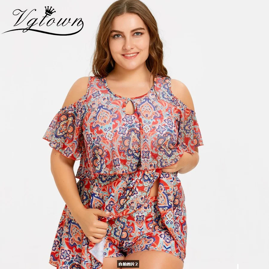 

VGTOWN Off Shoulder Hot Spring Swim Suit Two Piece Dress Bathing Suits Plus Size Retro Flower Mother Swimwear 2XL-6XL