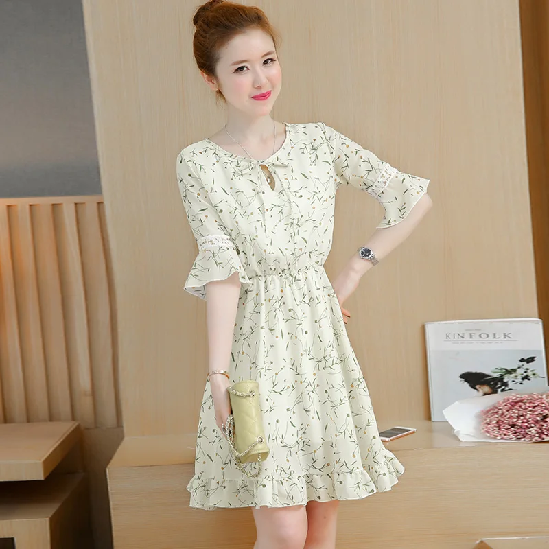 Women Dress 2018 New Spring Summer Floral Printing Flare Sleeve Mini