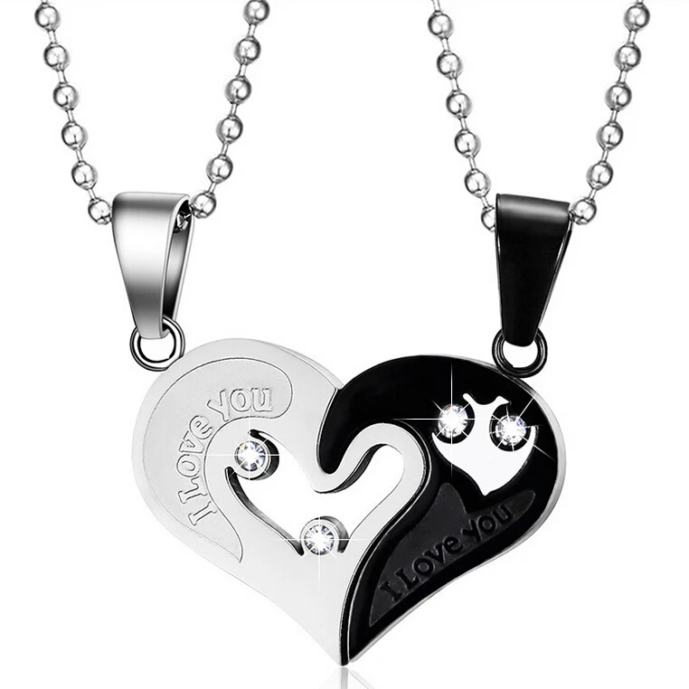 

Promise 2pcs/lots Love Heart Necklace & Pendant Wholesale Stainless Steel Couple Jewelry For Men Women Jewelry