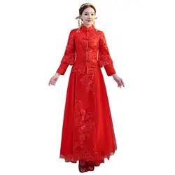 Шанхай история с длинным рукавом Qipao китайская свадебная одежда красный вышивка Cheongsam традиционное китайское платье для женщин