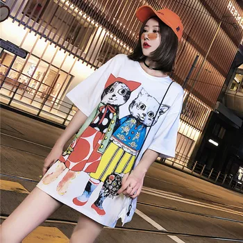 

T-shirts Hip-hop BF Style Women Cartoon Cat Printing Kawaii Soft Fashion Loose t shirt Korean Casual Trendy Womens Lovely tshirt