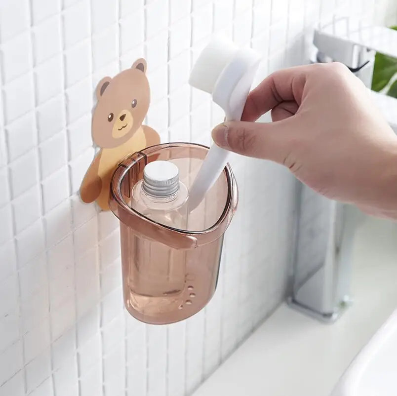 Perforation-Free Creative Cup Rack Wall-Mounted Bear Toothbrush Cup Rack Cartoon Mouthwash Cup Cleaning Stuff ABS Rack Holder