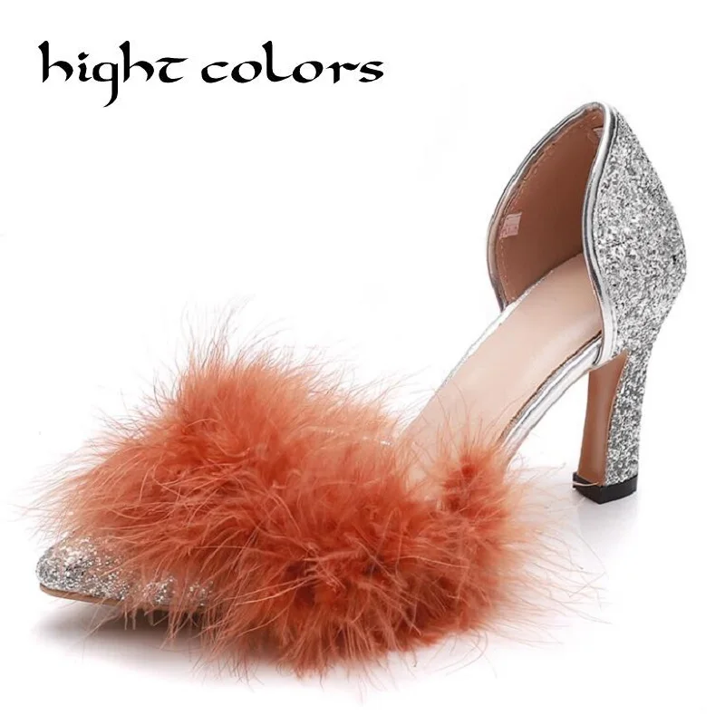 

2018 NEW Women Pumps Bling High Heels Women Pumps Glitter High Heel Shoes Woman Sexy Rabbit Fur Wedding Party Shoes Size 34 40