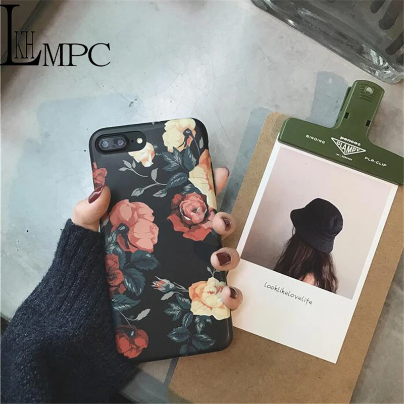 

Simple Temperament Flower for iPhoneXR XSMAX XS Silicone Fitted cover Retro Rose for iPhone 7 8 6 6sPlus Matte Case