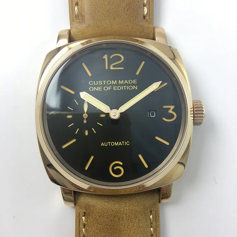 

Men Automatic Machinery Watch 47mm Stainless Steel Case Leather Strap Luminous Black Dial PVD Case Military Watch OUMASHI