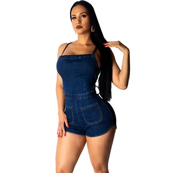 

Sexy Lace Up Backless Denim Playsuit Women Sleeveless Skinny Casual Shorts Jumpsuit Night Club Party Romper Bodysuit with Jeans