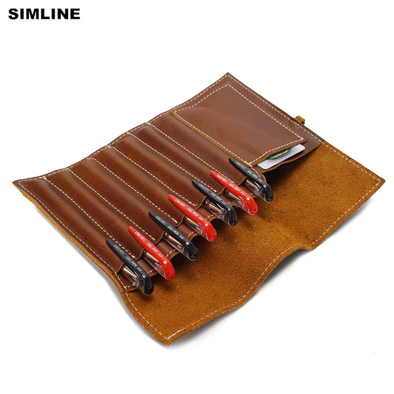SIMLINE Vintage Handmade Genuine Leather Pen Bag Cowhide Men Women Long