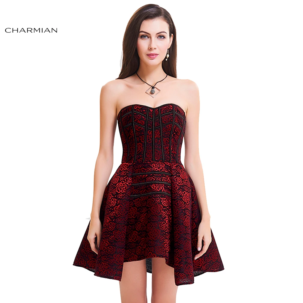 Charmian Women's Sexy Gothic Corset Dress Rose Print Zipper High Low