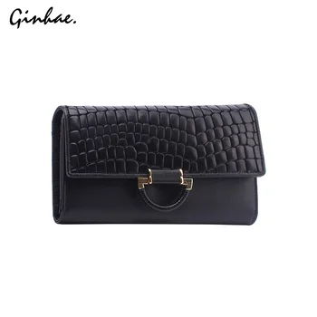 

New Ladies Vintage Genuine Leather Wallet Solid Long Coin Purses For Women Crocodile Pattern Clutch Bag Square Quality Pochette