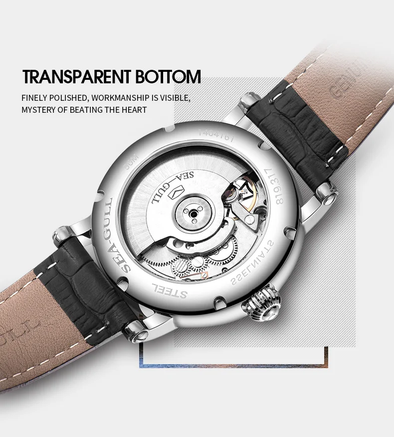 SEA-GULL бизнес часы мужские механические наручные часы Неделя Календарь 50 м водонепроницаемый кожаный мужской браслет застежка часы 819,317