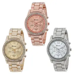 Женевские часы для женщин в виде хронографа Кварцевые покрытием Классический круглый женские Для женщин Кристаллы часы женские часы
