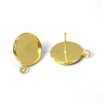 

Blank Earrings Base Round Bezel w/ Loop Closed Resin Cabochons Stud pin Earrings post Settings DIY Findings Golden tone Plated