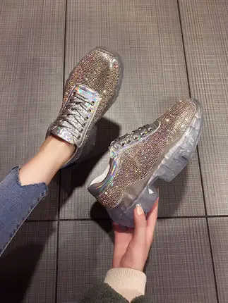 

European station new net red with thick platform crystal transparent bottom tide shoes casual sports rhinestones old shoes women