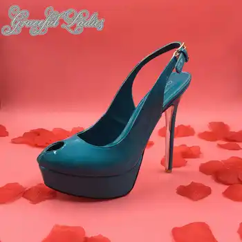 

Blue Green Peep Toe Mature Woman Pumps Stilettos Thin High Heels Thicken Platform Slip-On Office Shoes Big Size Slingbacks