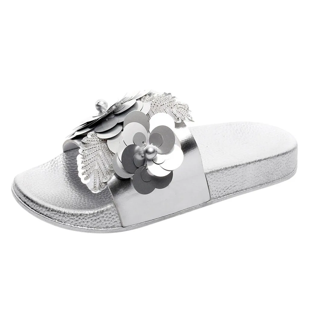 

2019 Womens Flat Slides Sandals Diamante Sparkly Sliders Sequin Flower Slippers Shoes Beauty