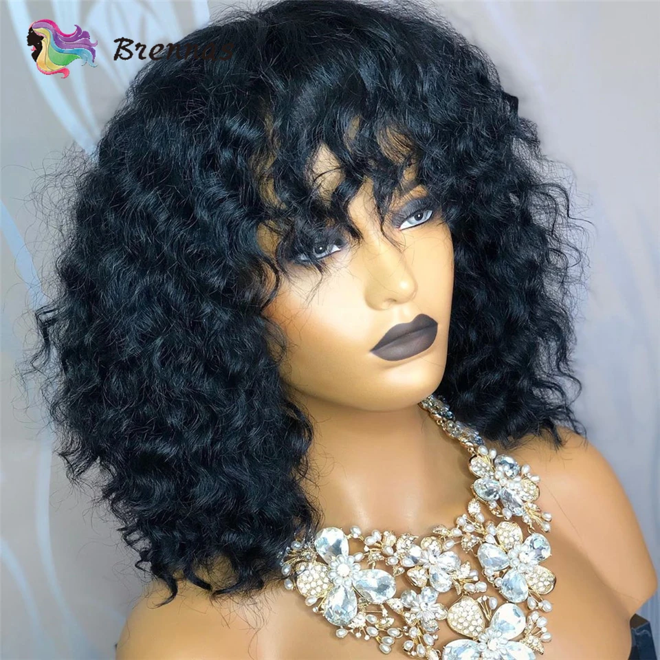 Brennas human hair lace wigs short bob curly wig with bangs Brazilian Remy hair 13X4 lace front wig 8-16'' for women 150%Density