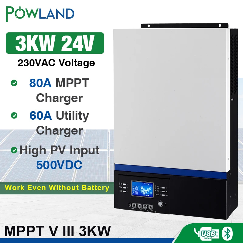 

Bluetooth Inverter 3000W 500Vdc PV 230Vac 24Vdc 80A MPPT Solar Charger Support Mobile Monitoring USB LCD Control