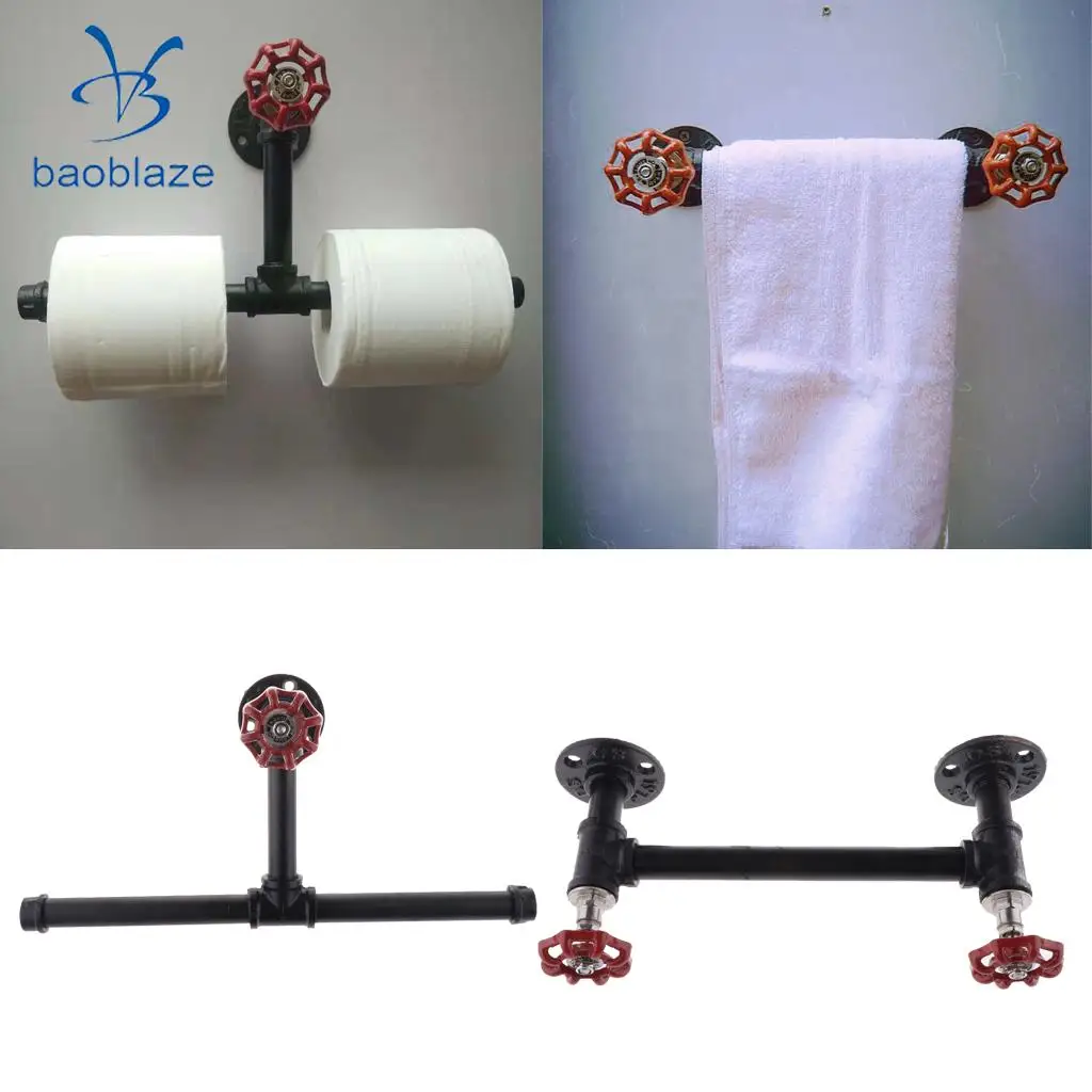 Home Decorative Industrial Rustic Wall Mounted Metal Iron Pipe Toilet Roll Paper Double Holder Towel Rack
