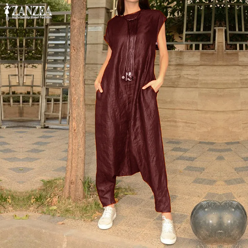 

Overalls Women's Drop Crotch Jumpsuits 2019 ZANZEA Pantalon Summer Cargo Pants Female Short Sleeve Rompers Combinaison Femme 5XL