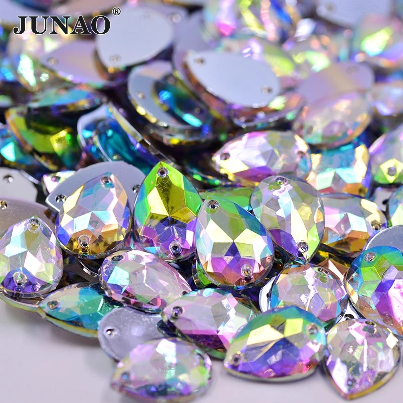 

JUNAO 13*18mm 18*25mm Sew On AB Crystal Drop Rhinestone Flatback Acrylic Gems Strass Stones Applique For Needlework Crafts