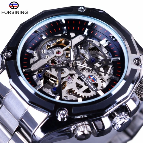 Relógio de Pulso Forsining Steampunk Mecânica Moda Masculina Vestido Masculino Relógio Marca Superior Luxo Aço Inoxidável Automático Esqueleto