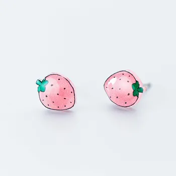 

100% 925 Sterling Silver Cut Cartoon Pink Strawberry Stud Earrings for Women pendientes brincos Drop Shipping eh806