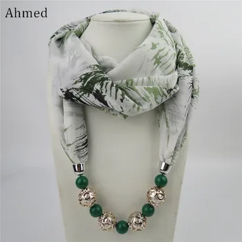 

Ahmed New Design Printing Flower Pattern Chiffon Beads Scarf Necklace For Women Maxi Statement Necklaces Fashion Jewelry