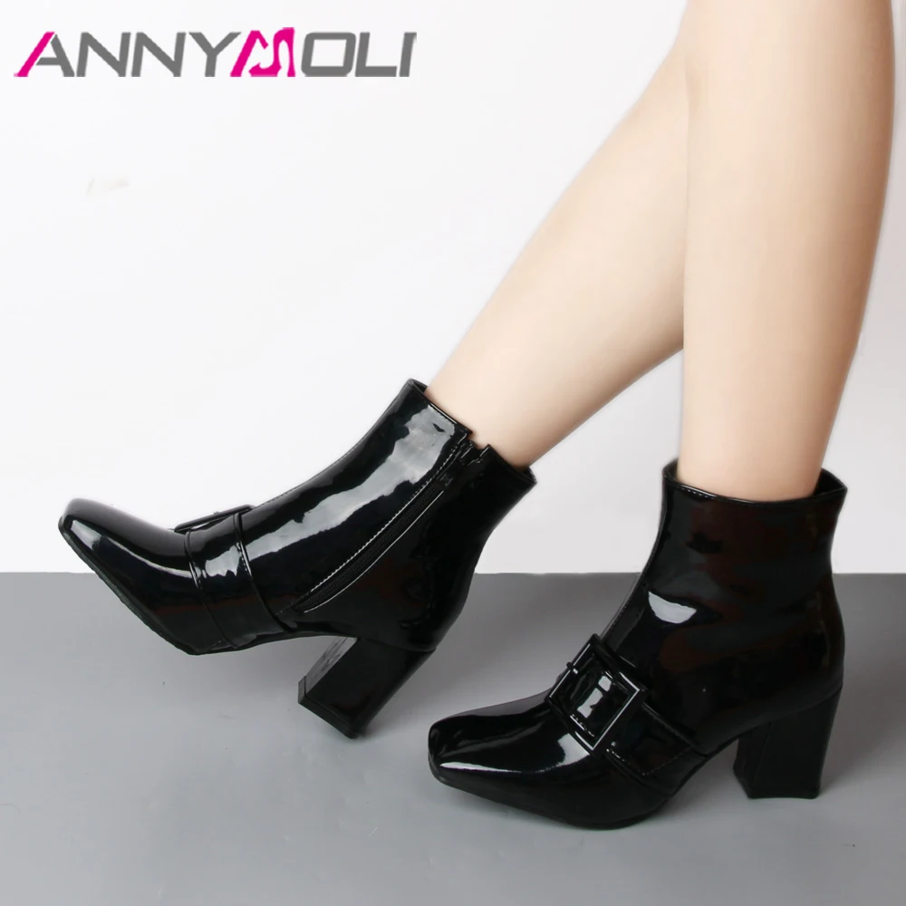 Goedkoop ANNYMOLI Lakleer Enkellaars Voor Vrouwen Winter Laarzen Gesp Dikke Hoge Hak Laarzen Vierkante Teen Dames Schoenen Wit Zwart 43