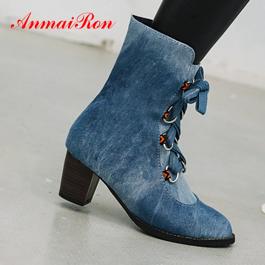 

ANMAIRON Denim Western Ankle Boots for Women Square Heel Pointed Toe Winter Boots Women Patchwork Short Plush Cross-tied Flock