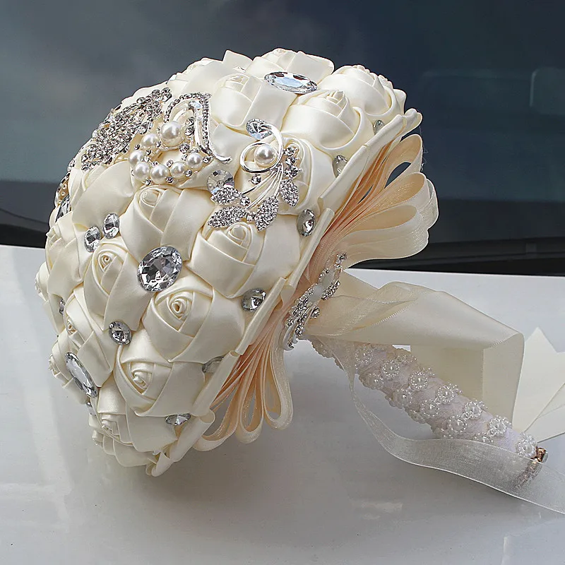 JaneVini Романтический искусственного кристалла жемчугом Свадебные букеты Свадебные аксессуары Королевский синий атласные розы Whote для