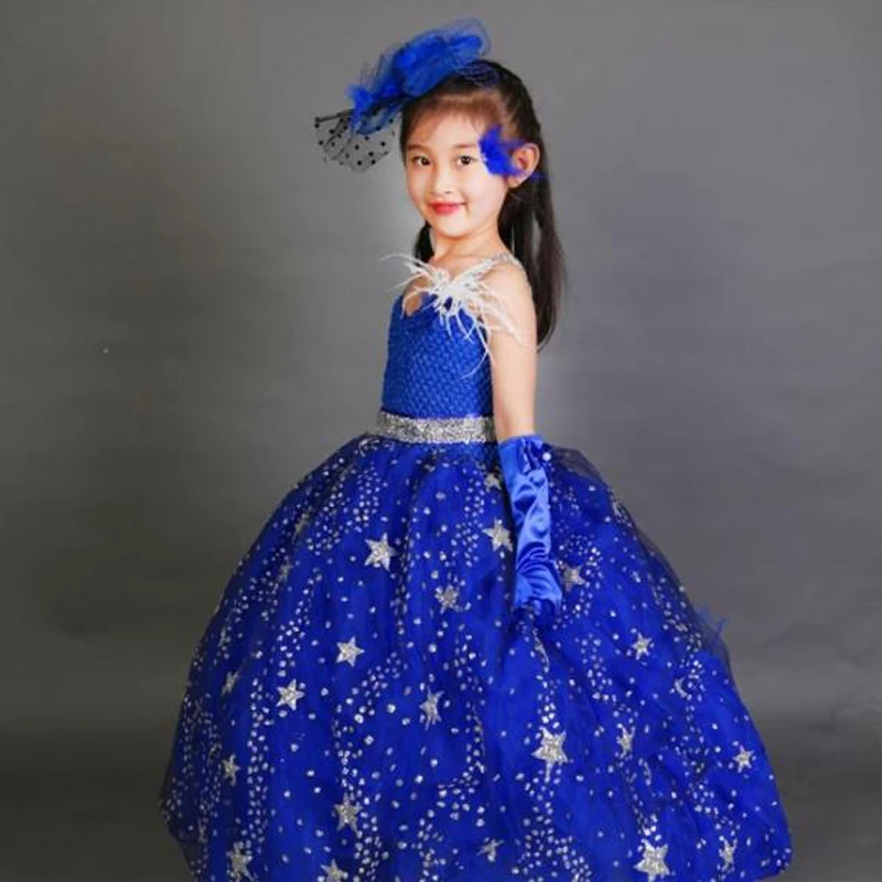 Королевское солнечное платье принцессы; Платья с цветочным узором для девочек на свадьбу; детское платье для первого причастия; Пышное Платье; синее бальное платье; A36