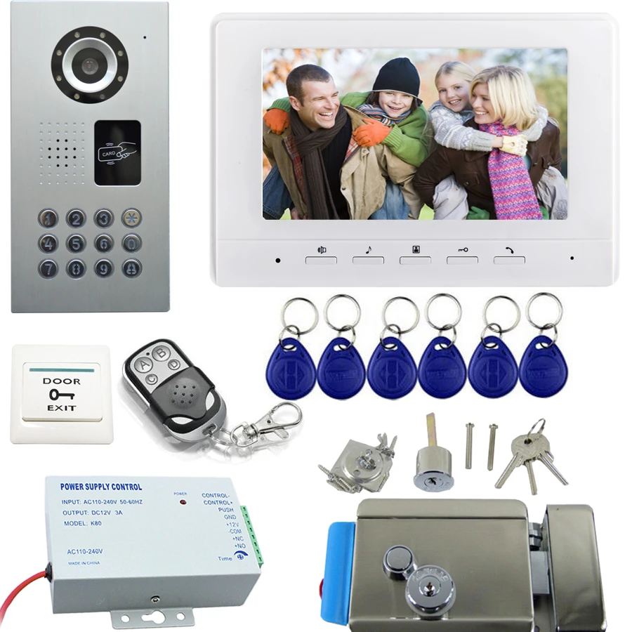 

New Rfid door phone intercom system doorbell camera video intercom electric door lock cable video monitor 7" remote control