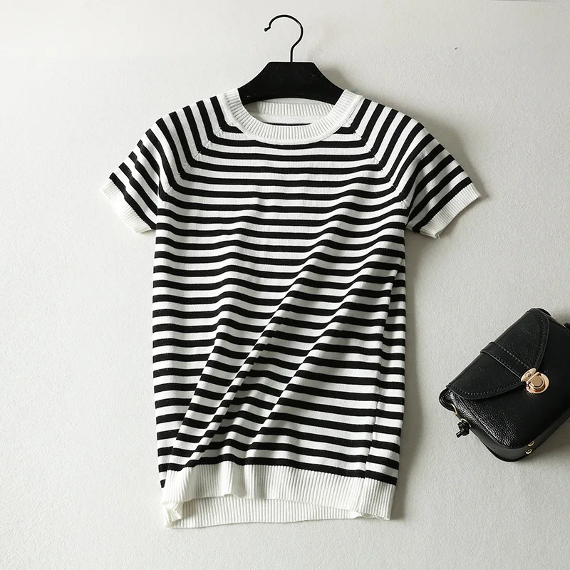 Summer Short Sleeve Striped Pullover Women Sweater Knitted 2021 Sweaters O Neck Tops Korean Pull Femme Jumper Female White Black