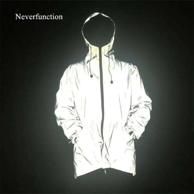 

Men Spring New harajuku streetwear full reflective Windbreaker Long Jacket male hip hop night shiny Hooded Jackets Coats