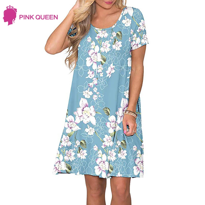 

Pink Queen Women Floral Print Midi Dress Summer Party Short Sleeve Dress Plus Size Casual O-Neck Pockets Beach Dresses 2019
