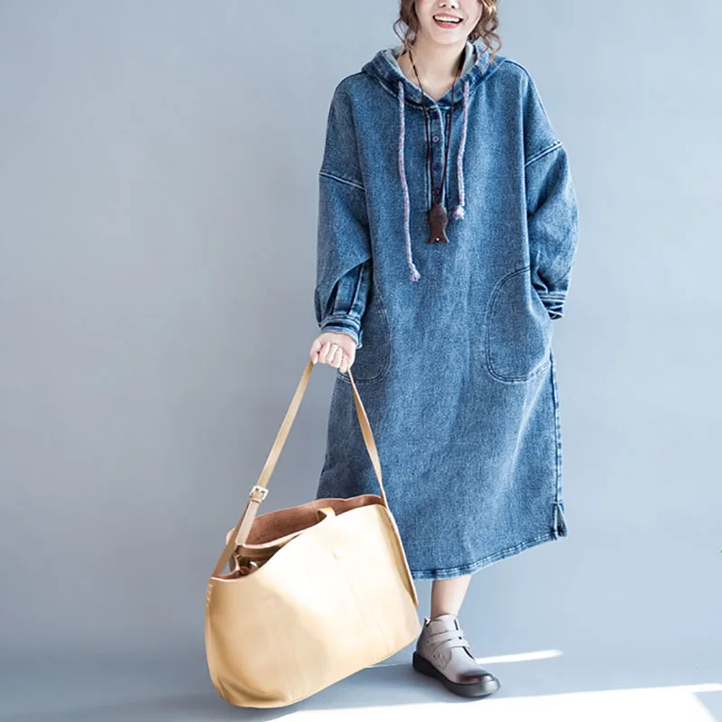 

Korean Denim Dress 2018 Autumn Hooded Long-Sleeved Plus-Sized Clothing Solid Color One Size Loose Long Garment Winter