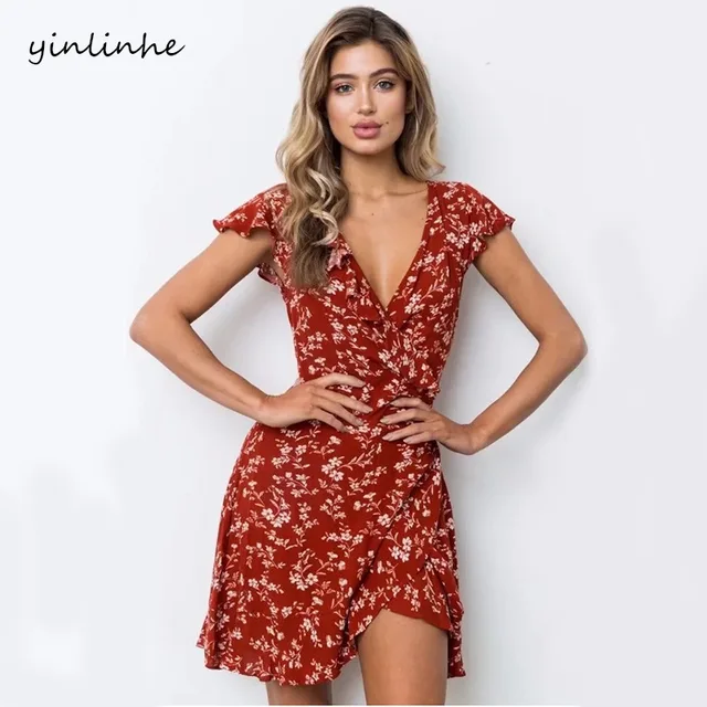 Yinlinhe V Neck Red Fl Beach Wrap Dresses Women Summer Dress Yinlinhe V Neck Red Fl Beach Wrap Dresses Women Summer Dress Short Sleeve