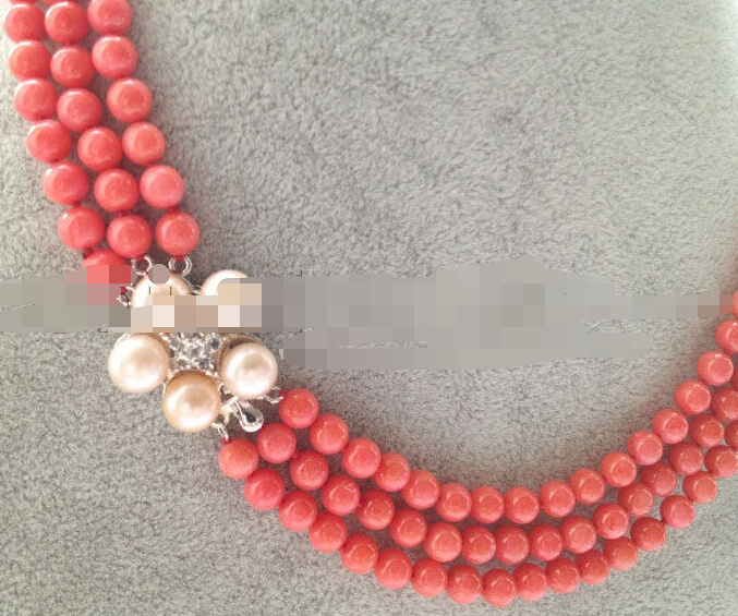 

0650 3row dark pink perfect round coral necklace - pearl clasp